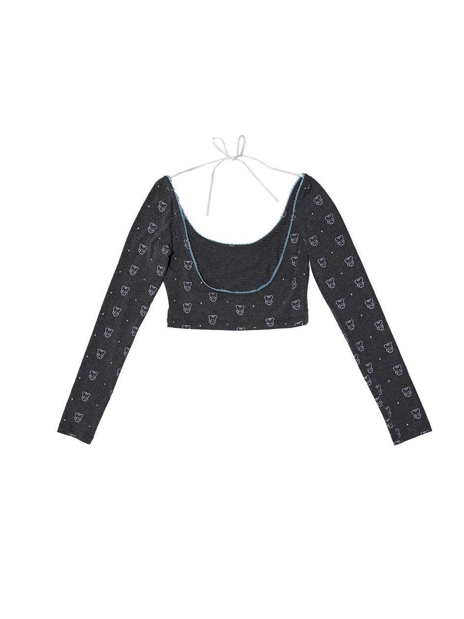 Bowknot Jacquard & Bear Print Large Collar Cropped Top