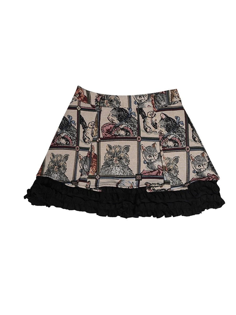 Cat Animal Retro Frill Layered Skirt