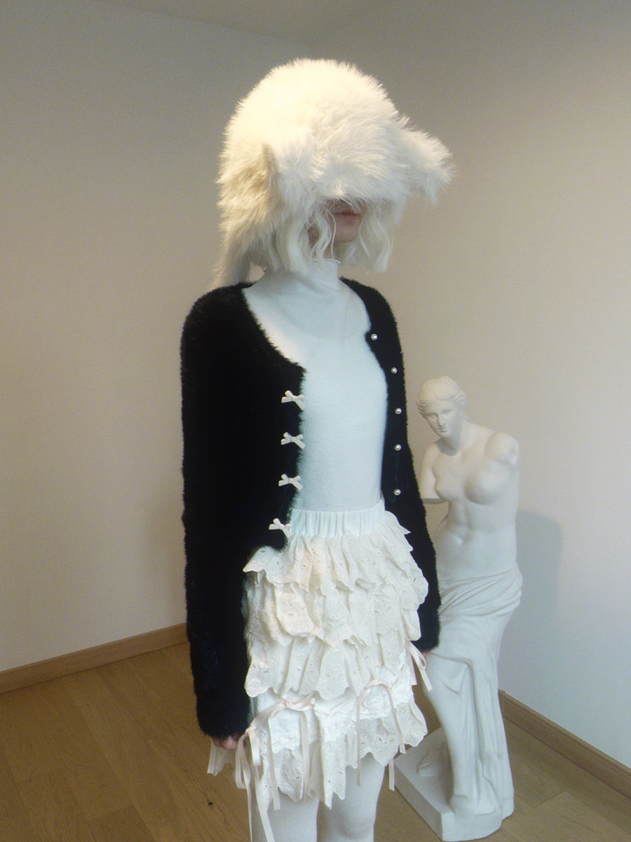 Pearl Bow Short Knitted Cardigan