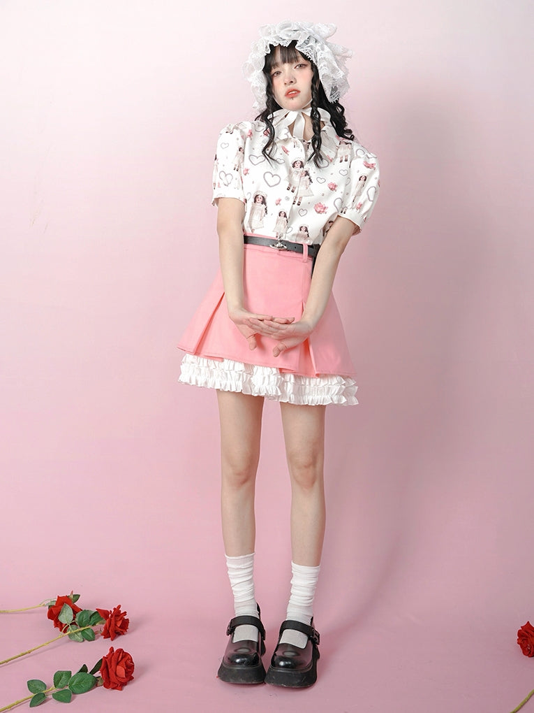 Antique Doll Rose Pearl Print Puff Sleeve Shirt