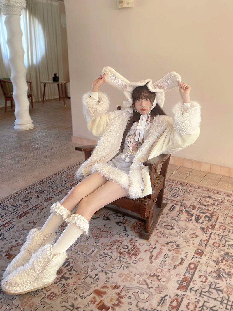 Retro Angel Print Fur Collar Long Sleeve T-shirt