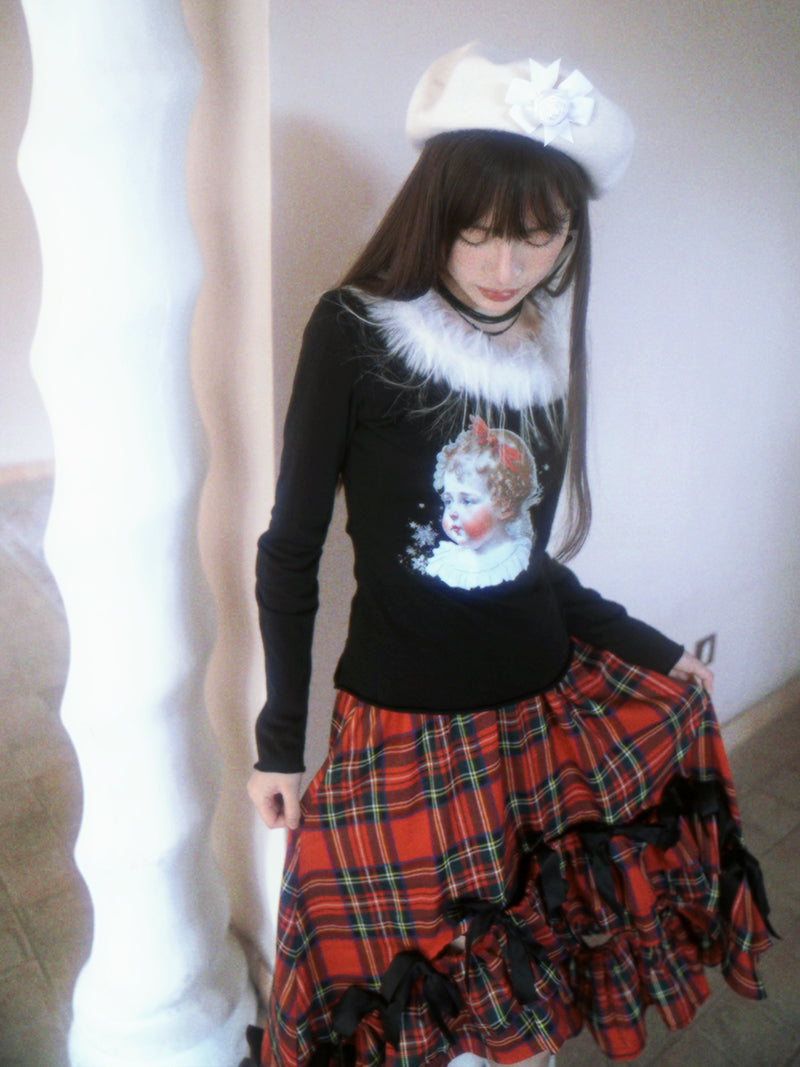 Retro Angel Print Fur Collar Long Sleeve T-shirt