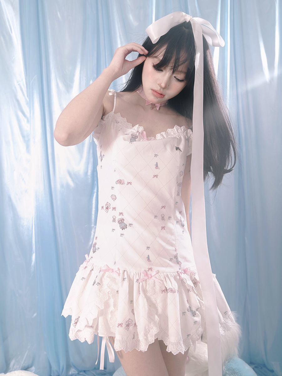 Bear ＆ Gradient Petals Suspender One-piece