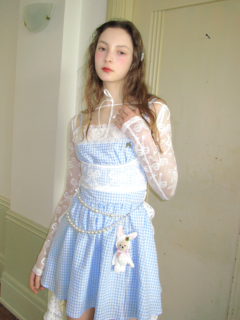 Bowknot Jacquard & Bear Print Large Collar Cropped Top