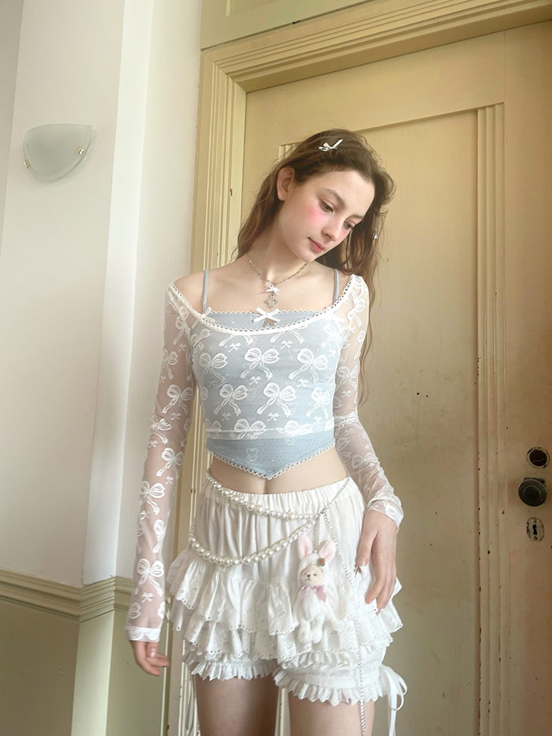 Bowknot Jacquard & Bear Print Large Collar Cropped Top