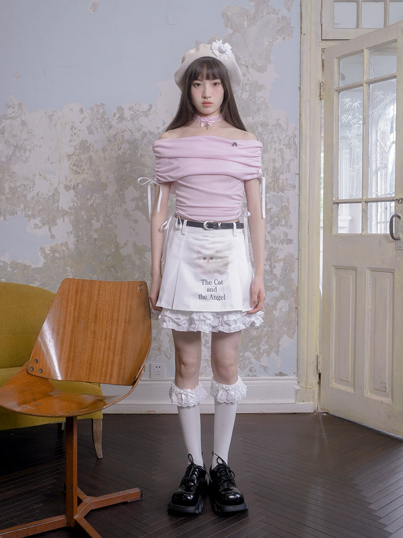 Off-Shoulder Shirring Ribbon Short Top