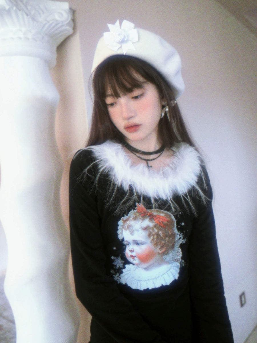 Retro Angel Print Fur Collar Long Sleeve T-shirt