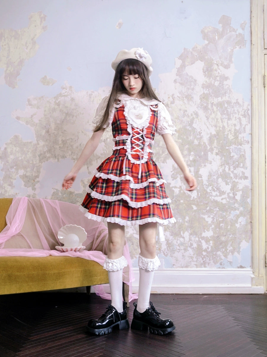 Plaid Cat Print Lace Suspender Dress