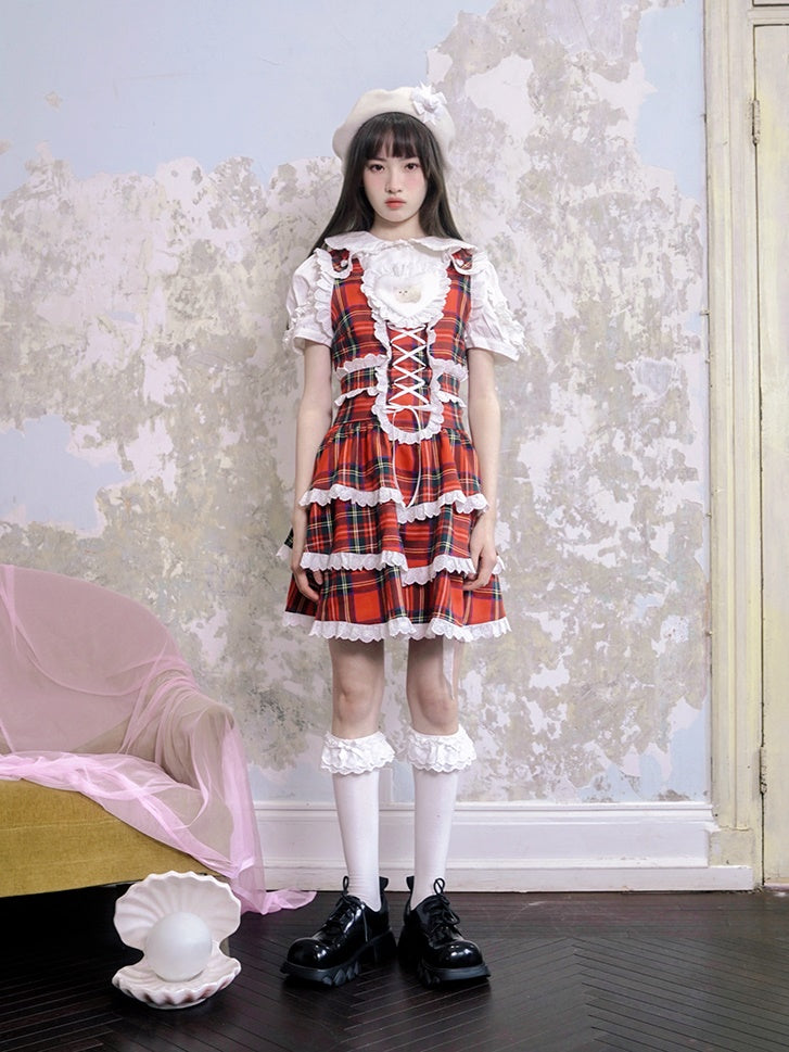 Plaid Cat Print Lace Suspender Dress