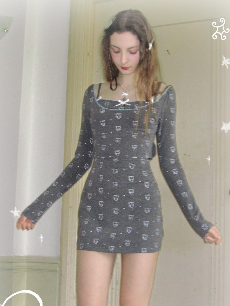 Bowknot Jacquard & Bear Print Large Collar Cropped Top