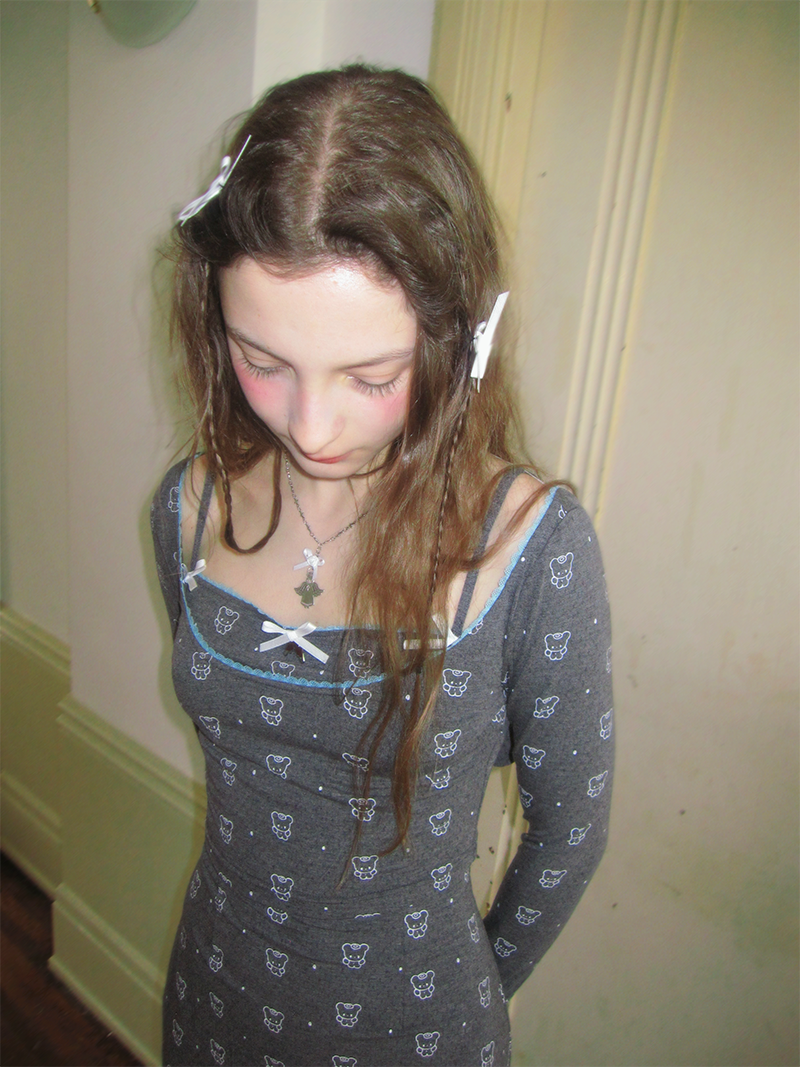 Bowknot Jacquard & Bear Print Large Collar Cropped Top