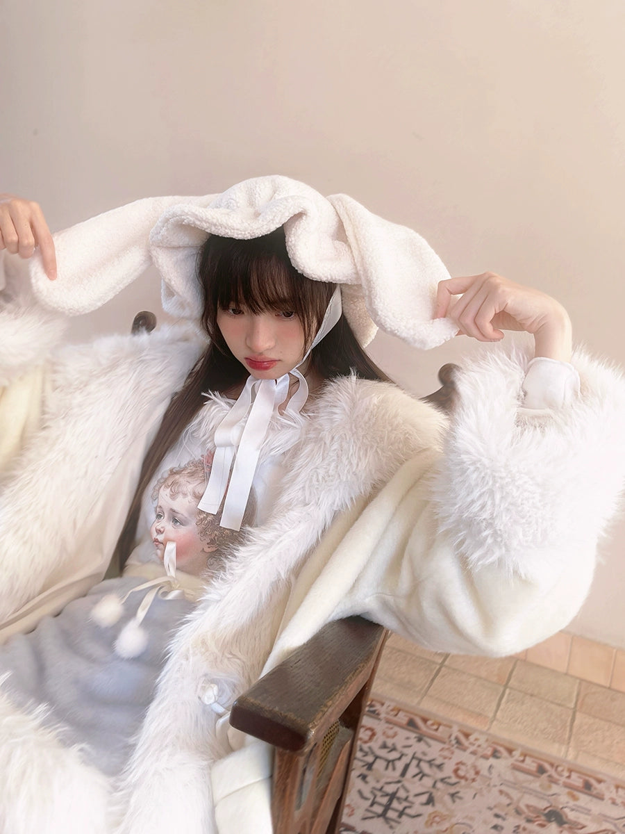 Retro Angel Print Fur Collar Long Sleeve T-shirt