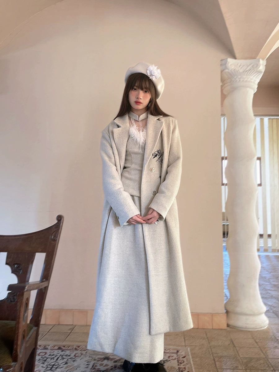 Embroidery Quilted Long Chester Coat