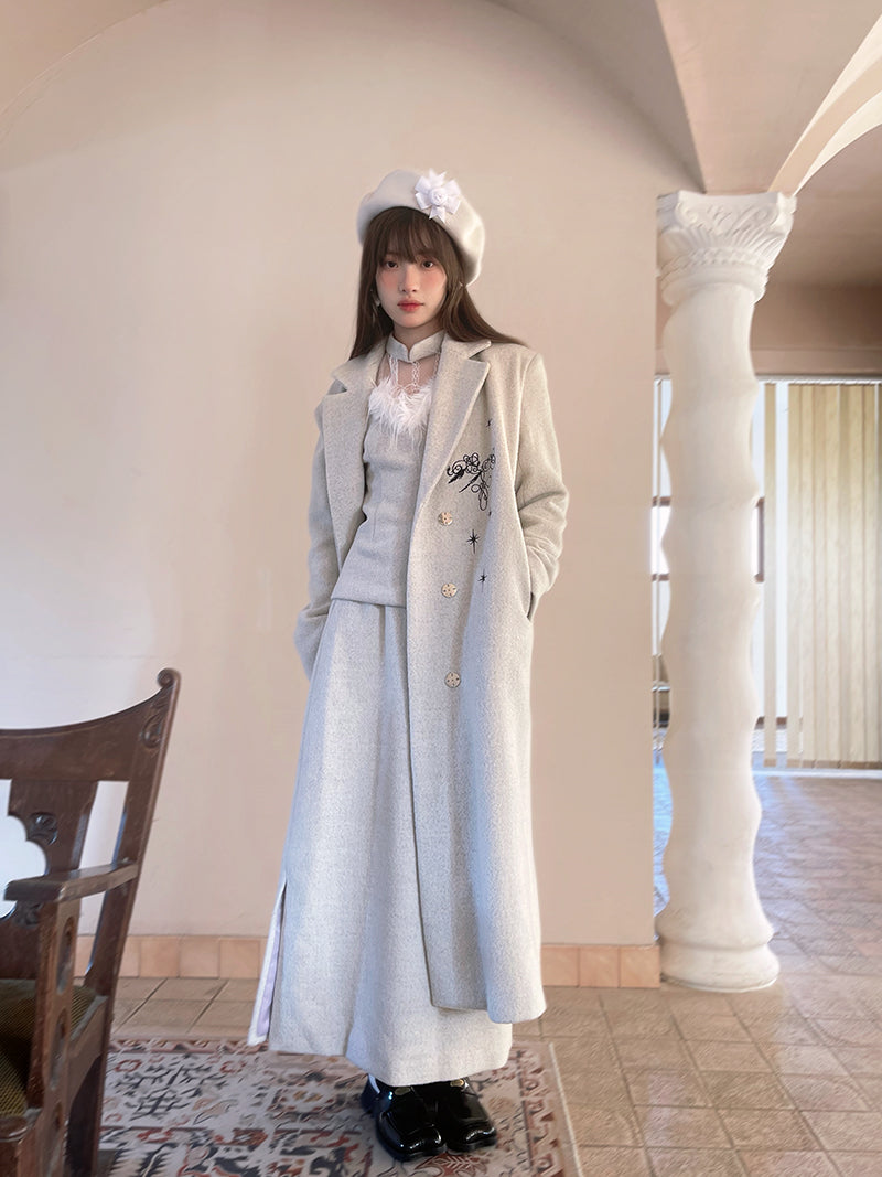 Embroidery Quilted Long Chester Coat