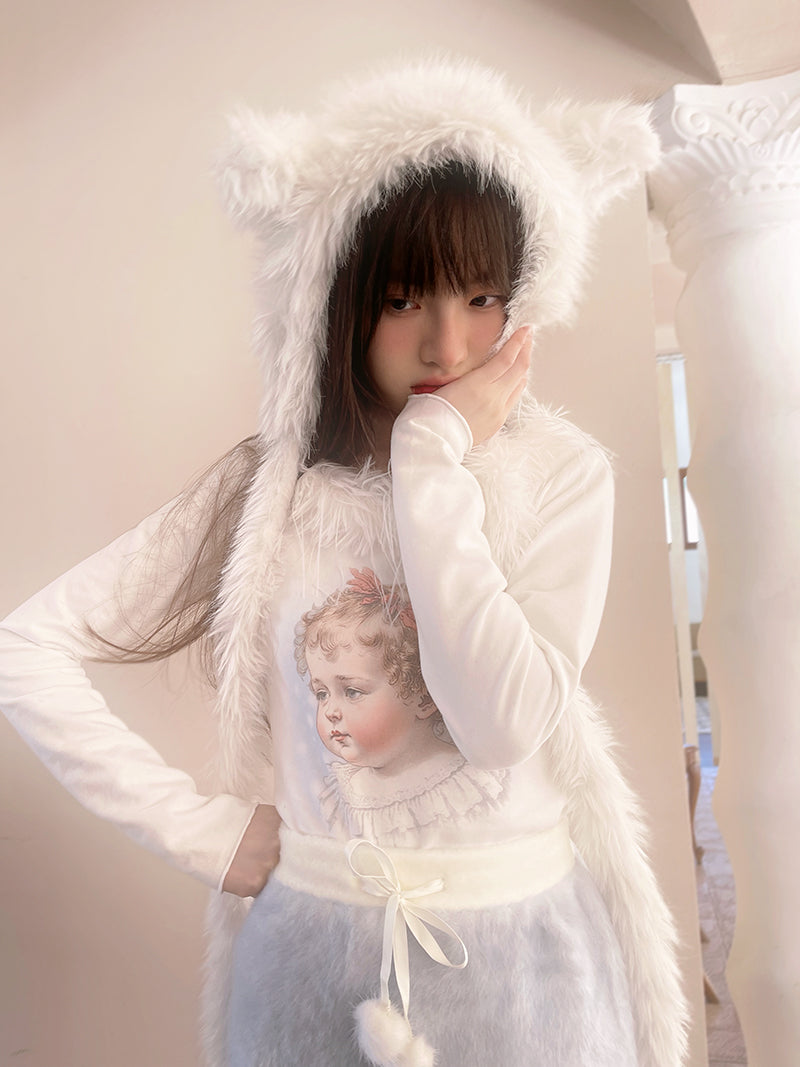 Retro Angel Print Fur Collar Long Sleeve T-shirt