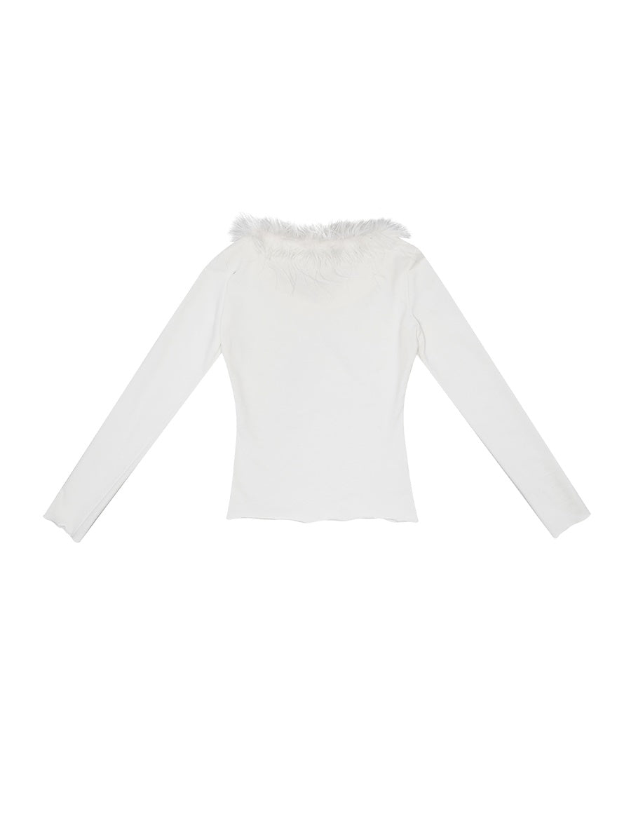 Retro Angel Print Fur Collar Long Sleeve T-shirt