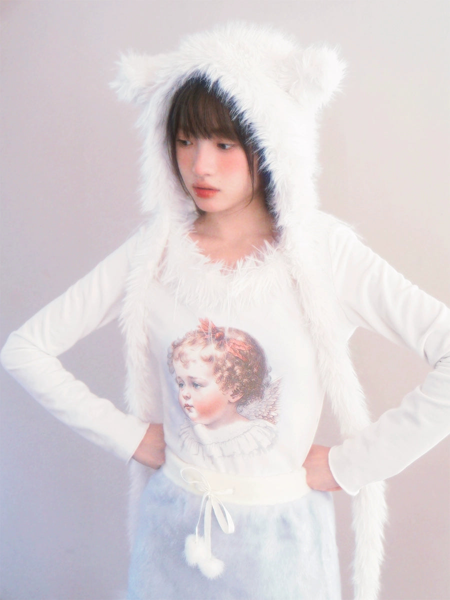 Retro Angel Print Fur Collar Long Sleeve T-shirt