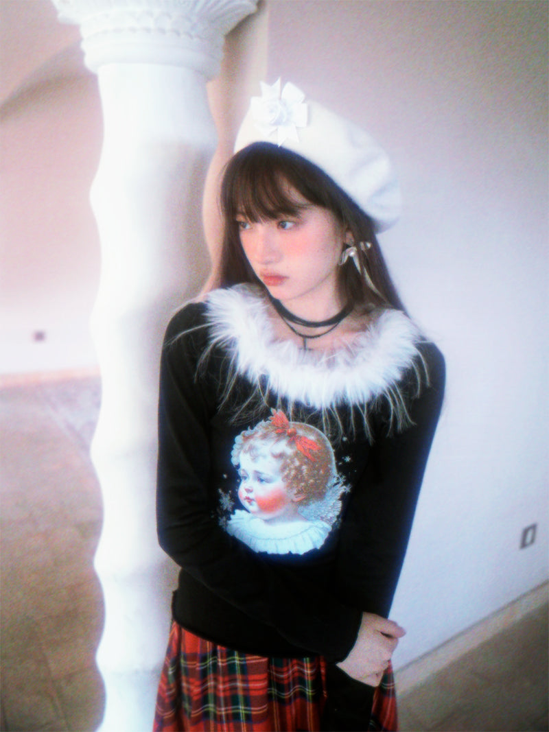 Retro Angel Print Fur Collar Long Sleeve T-shirt