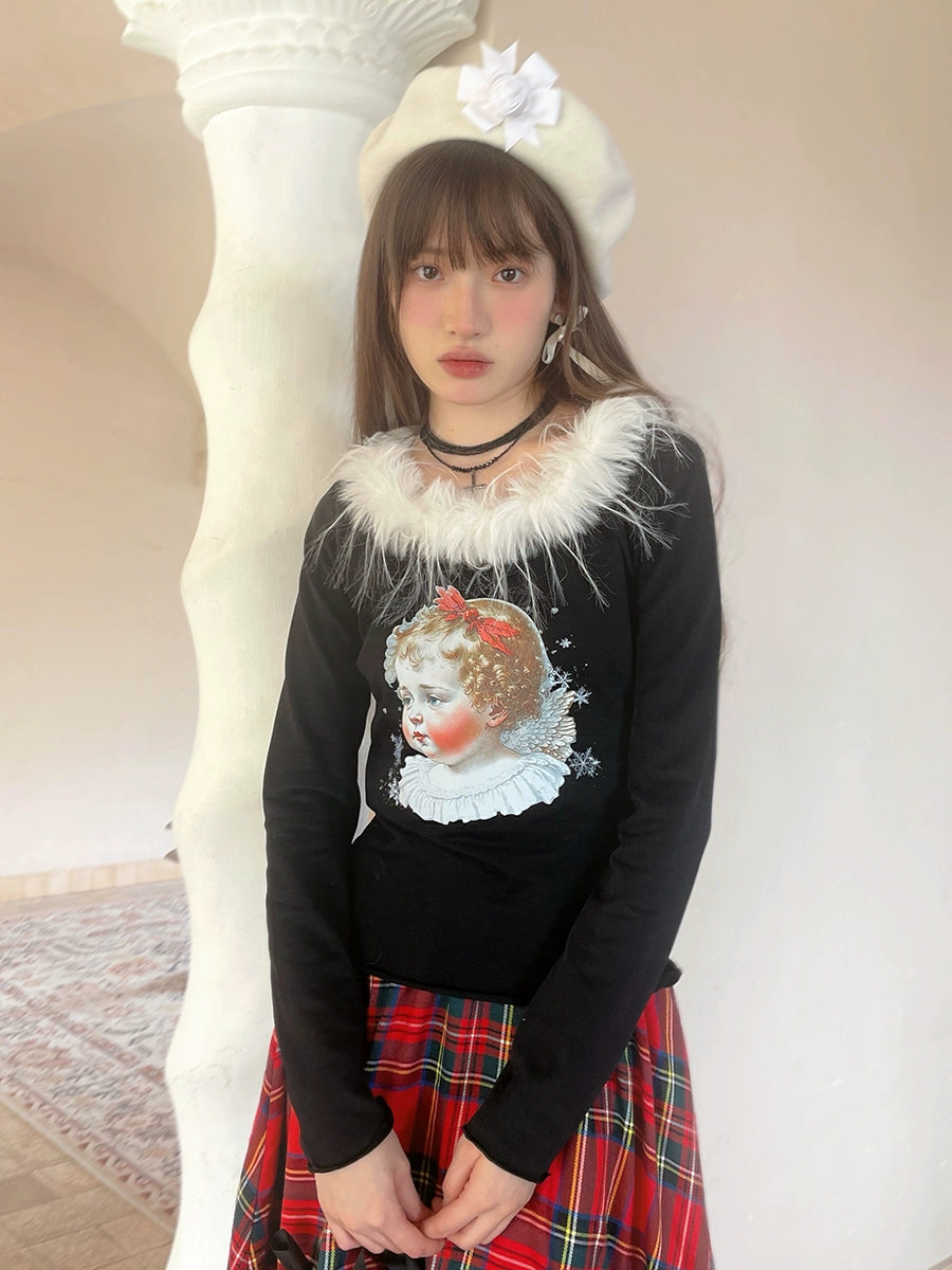 Retro Angel Print Fur Collar Long Sleeve T-shirt
