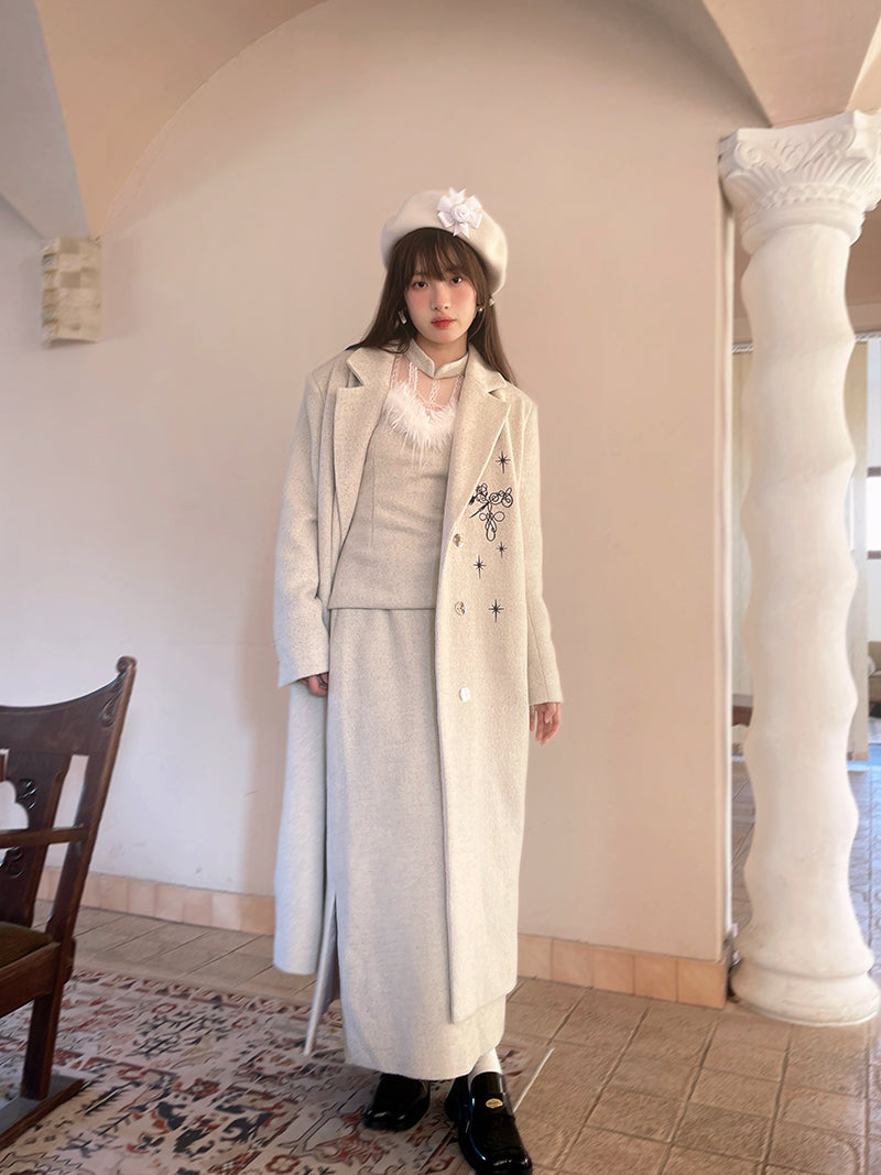 Embroidery Quilted Long Chester Coat