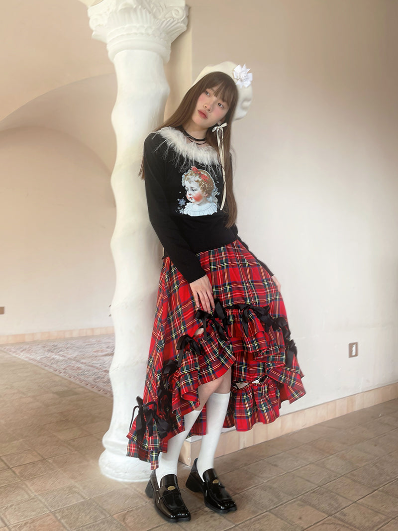 Retro Angel Print Fur Collar Long Sleeve T-shirt