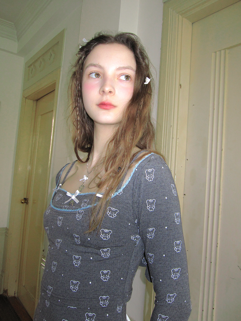 Bowknot Jacquard & Bear Print Large Collar Cropped Top