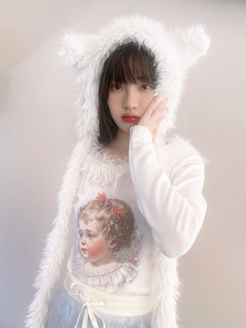Retro Angel Print Fur Collar Long Sleeve T-shirt