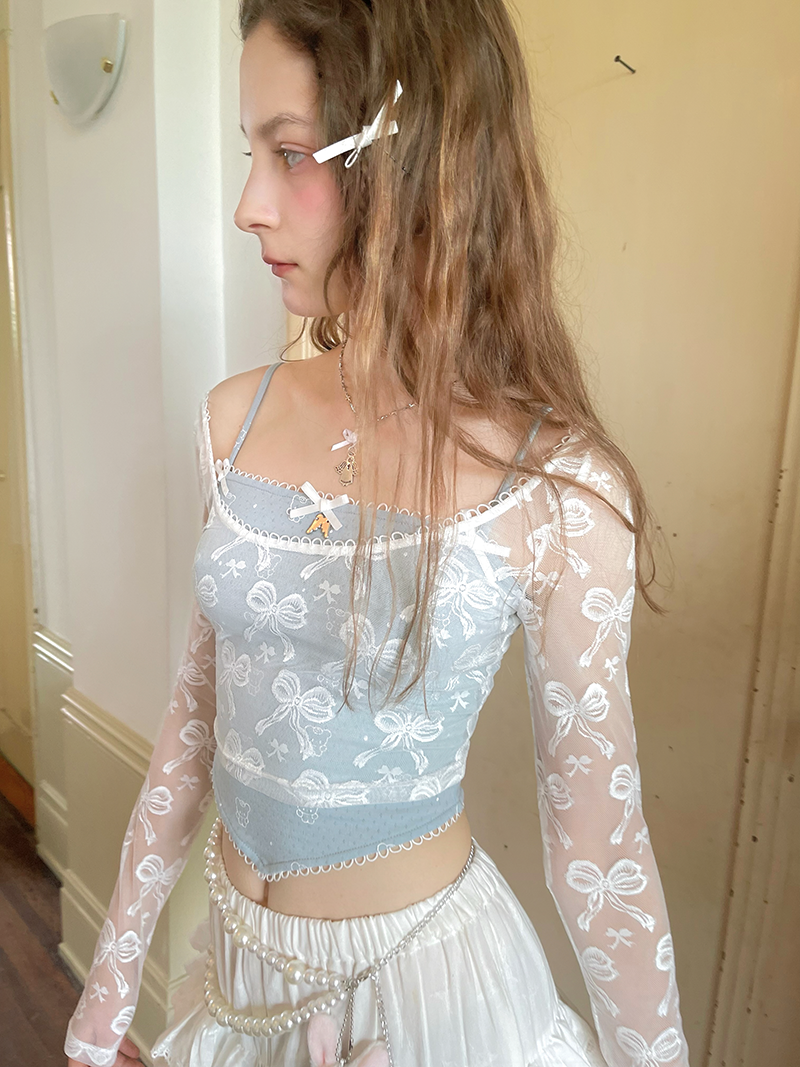 Bowknot Jacquard & Bear Print Large Collar Cropped Top