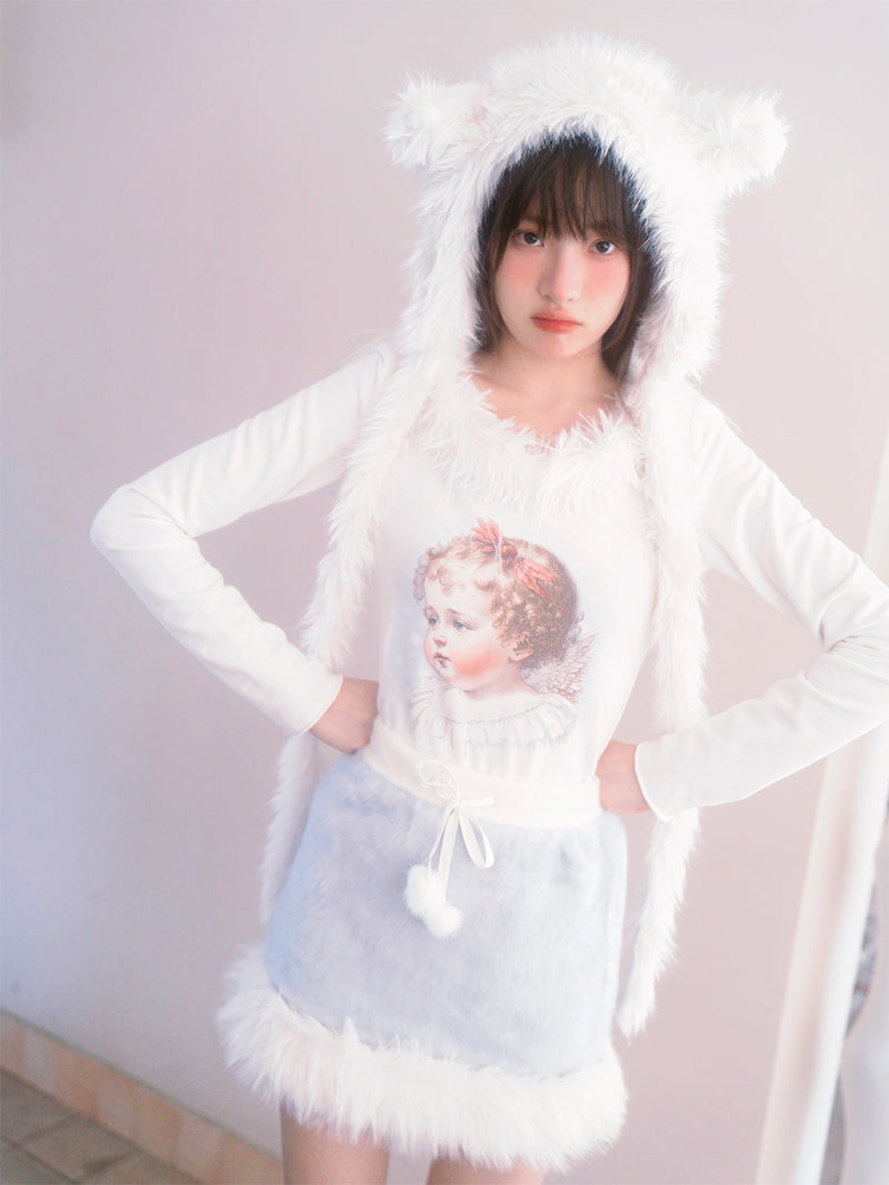 Retro Angel Print Fur Collar Long Sleeve T-shirt