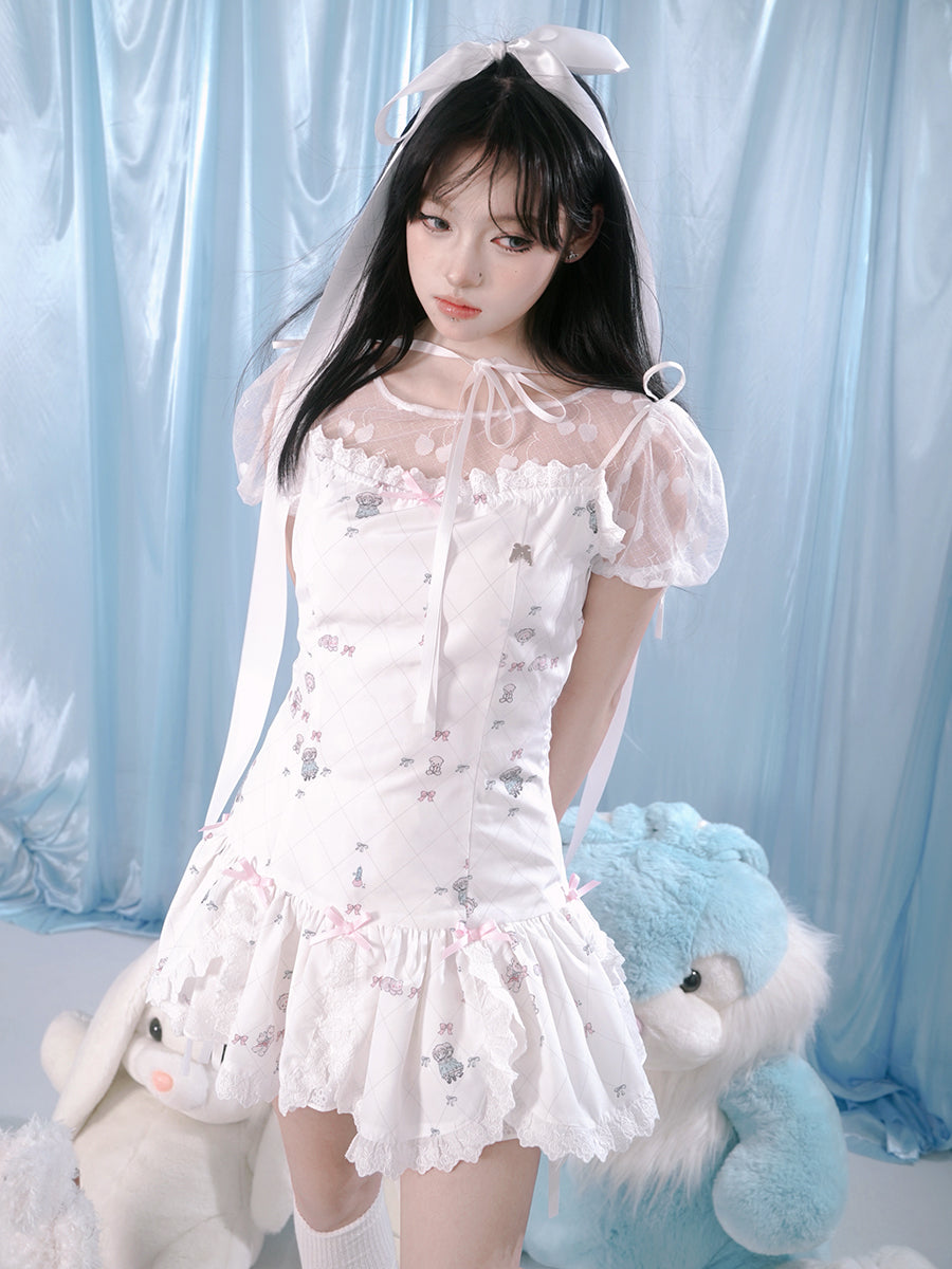 Bear ＆ Gradient Petals Suspender One-piece