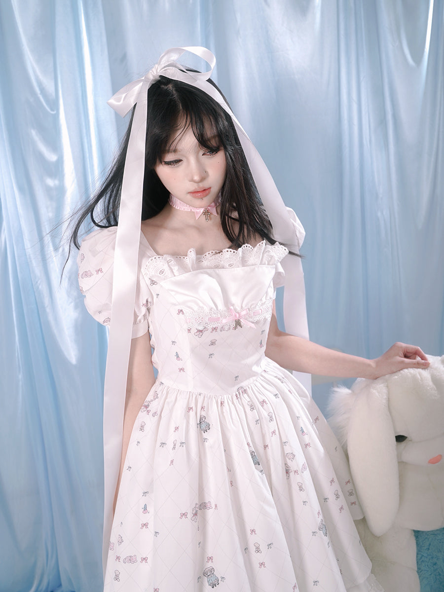 Puff Sleeve Lace Dress & Pannier Set-up