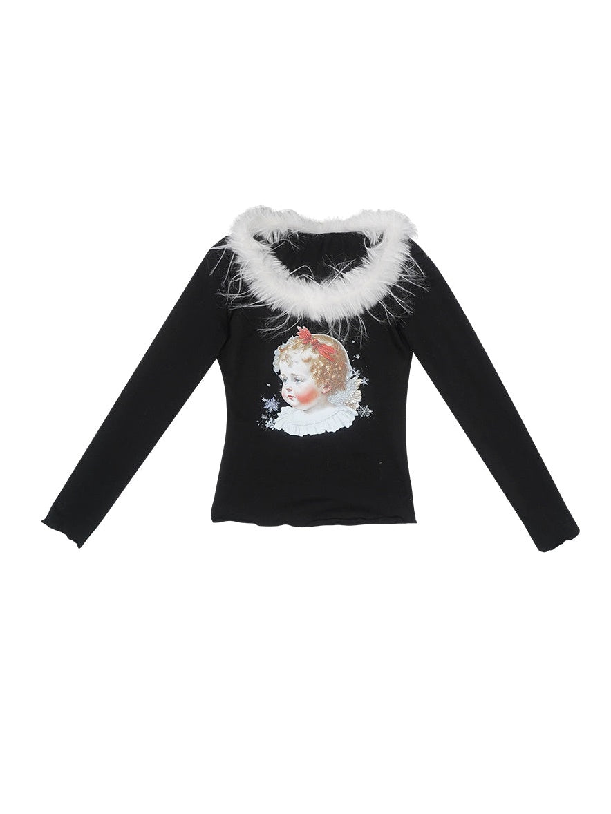 Retro Angel Print Fur Collar Long Sleeve T-shirt