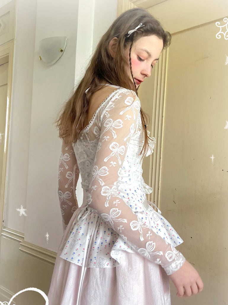 Bowknot Jacquard & Bear Print Large Collar Cropped Top