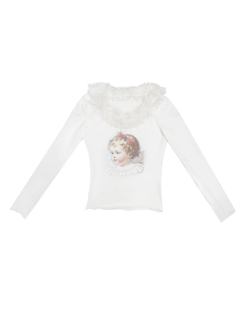 Retro Angel Print Fur Collar Long Sleeve T-shirt