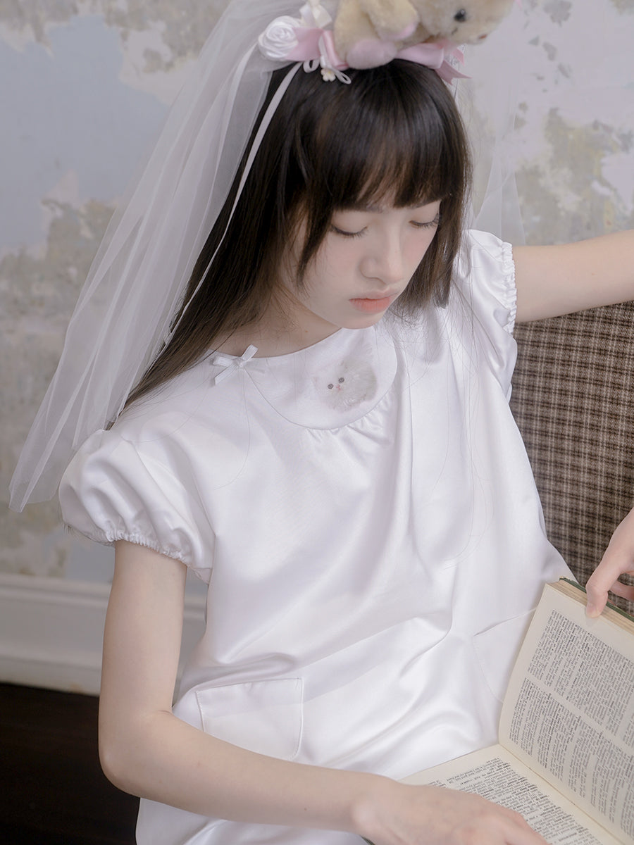 Angel & Cat Printed Doll A Swing Short-sleeved Dress