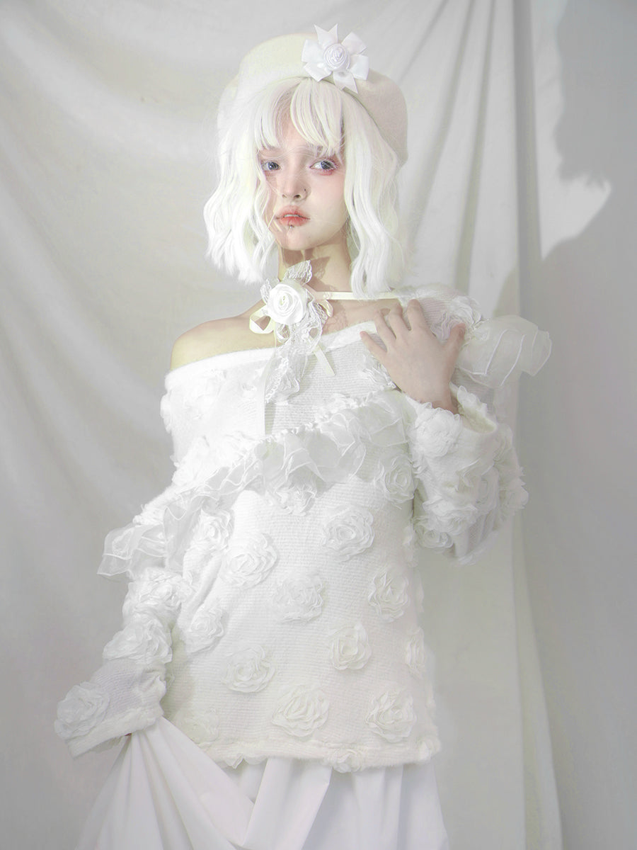 One-shoulder Lace Frill Rose Flower Knit