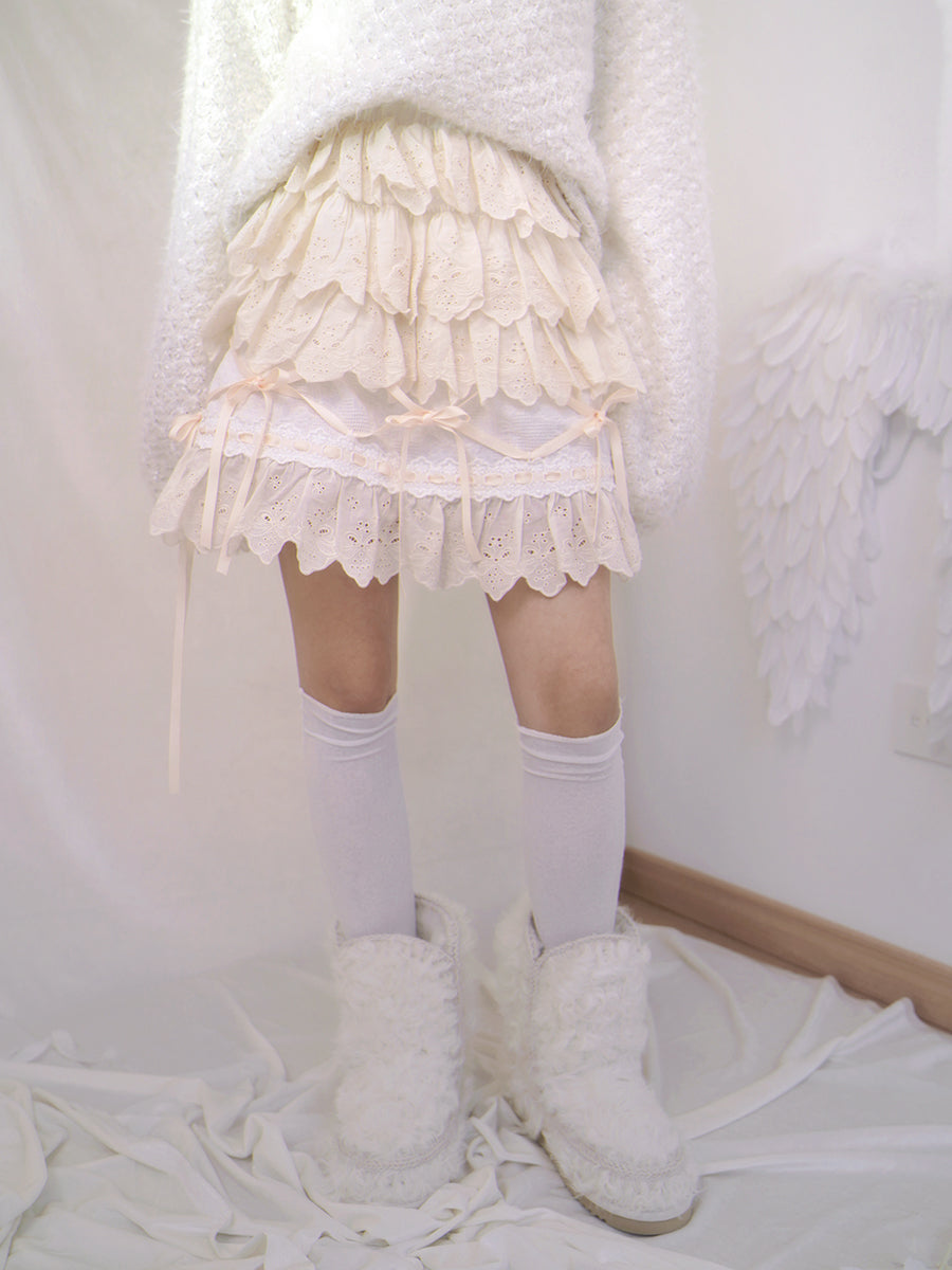 Hem Gothic Ribbon Tiered Lace Sweet  Skirt