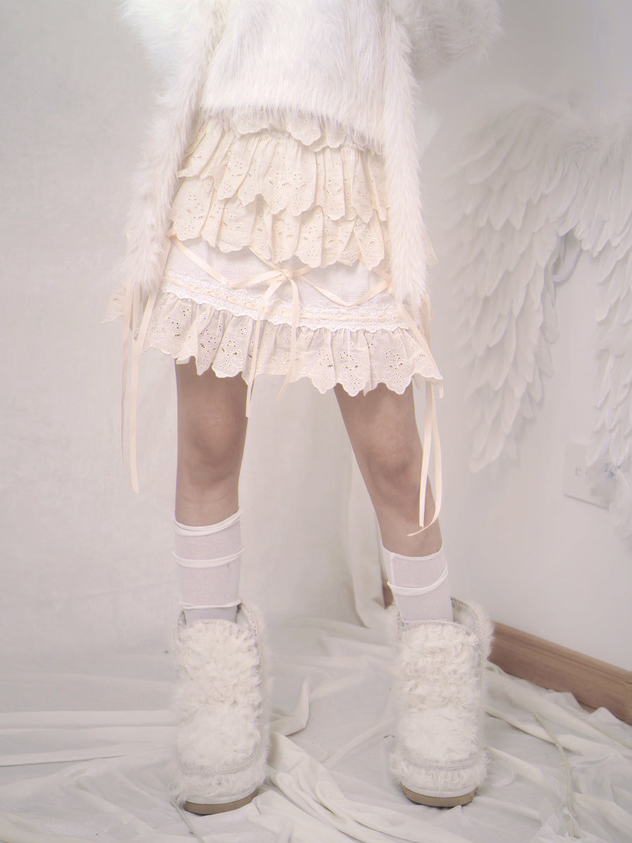 Hem Gothic Ribbon Tiered Lace Sweet  Skirt