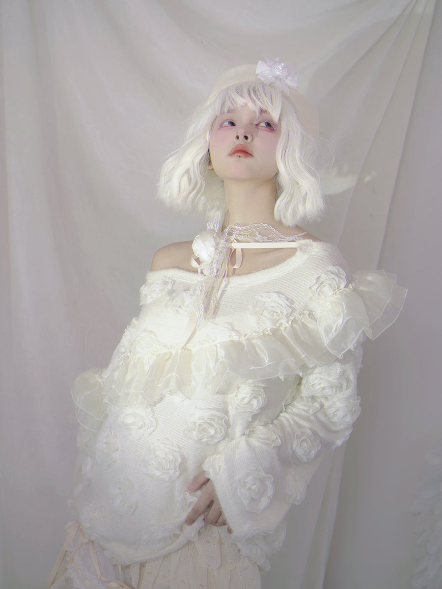 One-shoulder Lace Frill Rose Flower Knit