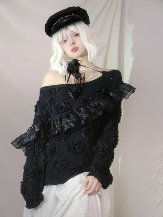 One-shoulder Lace Frill Rose Flower Knit