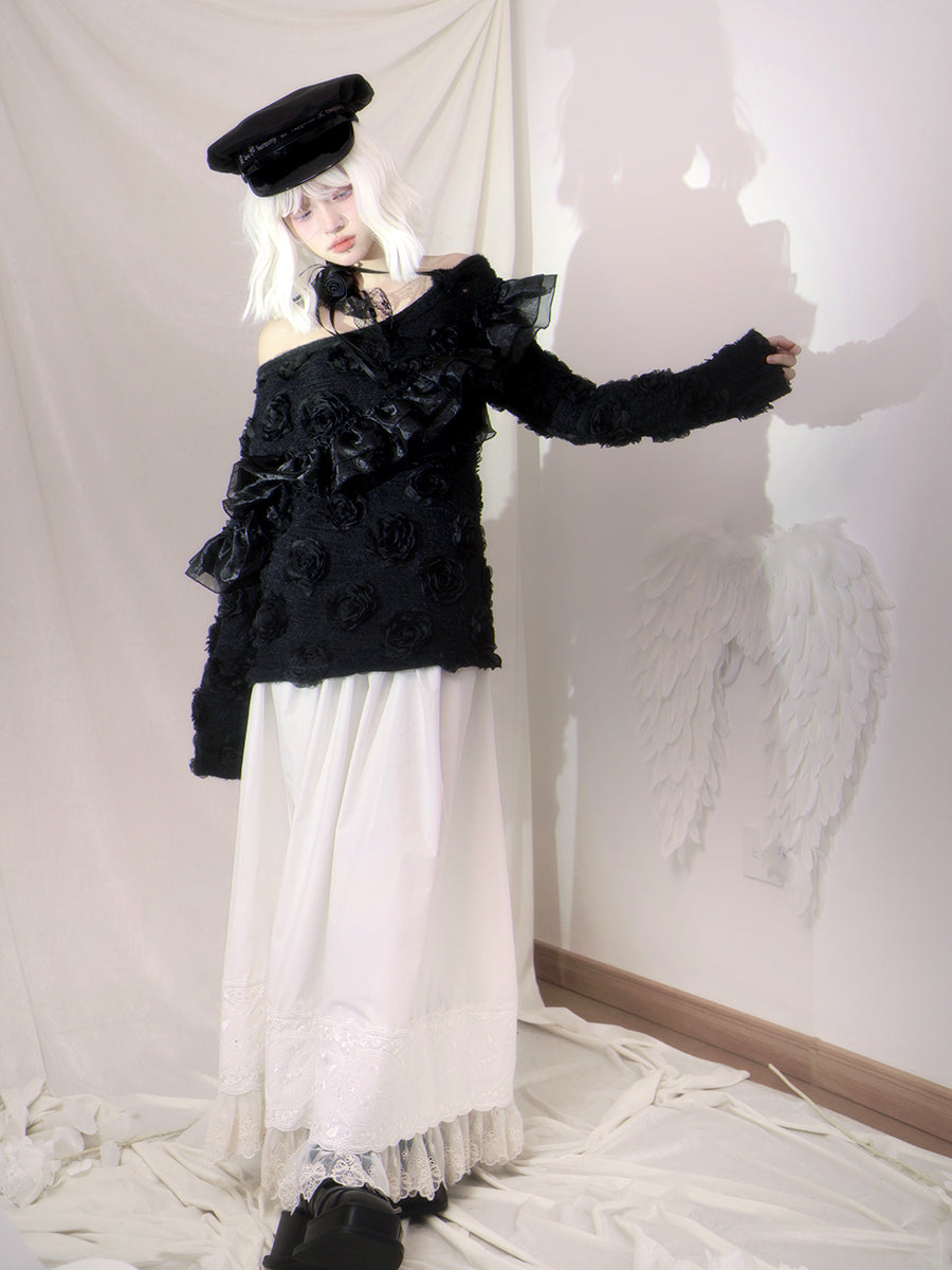 One-shoulder Lace Frill Rose Flower Knit