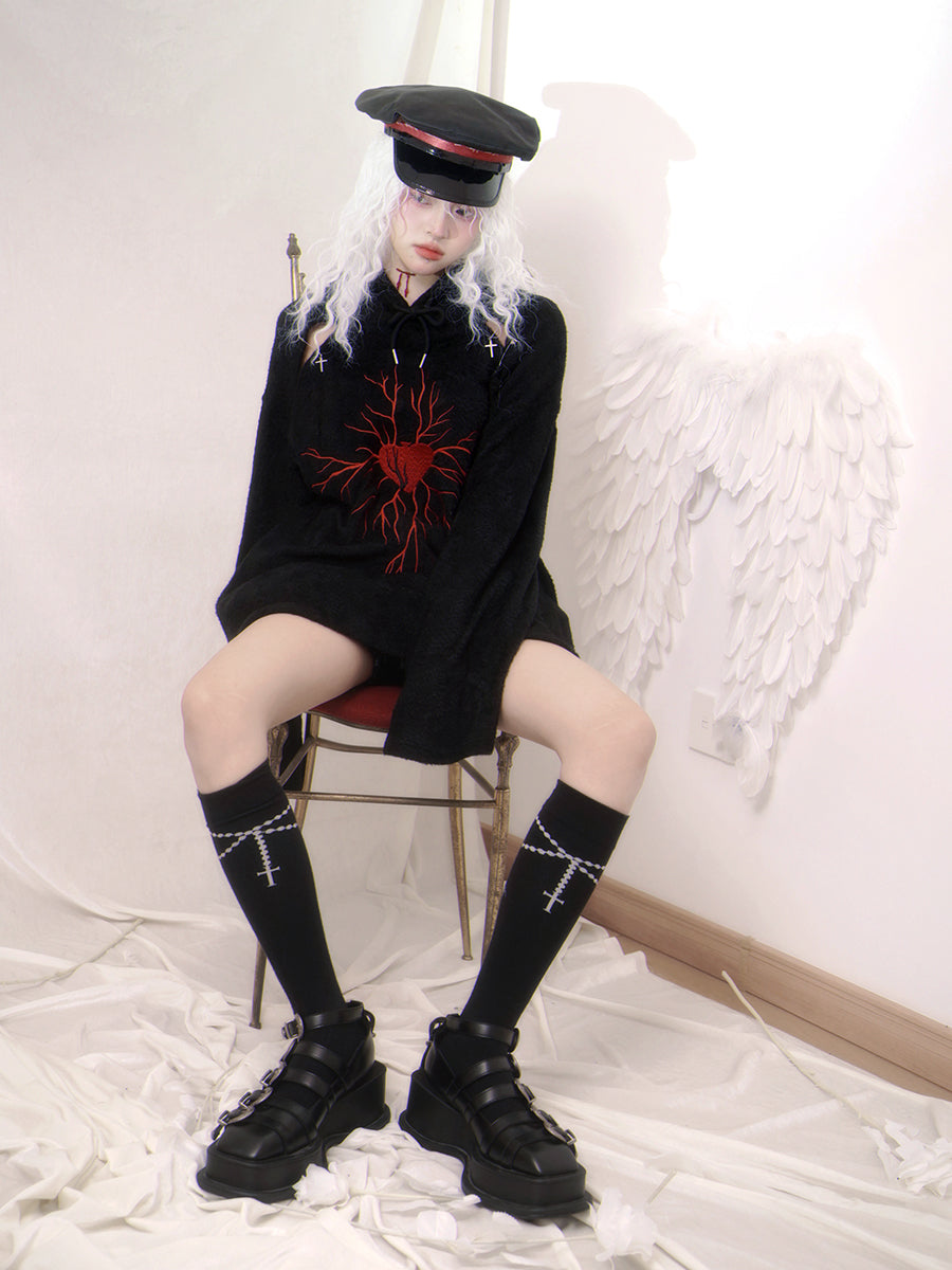 Knit Hoodie Embroidery Gothic Parka
