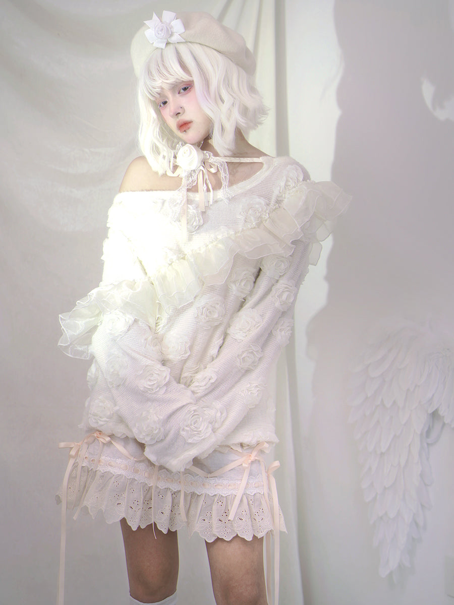 One-shoulder Lace Frill Rose Flower Knit