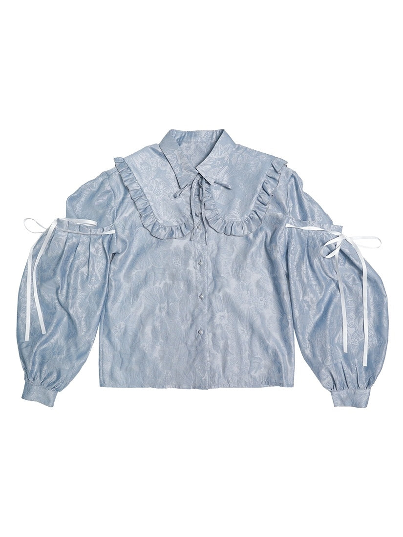 Frill Ribbon Balloon-sleeves Gloss Flower Blouse