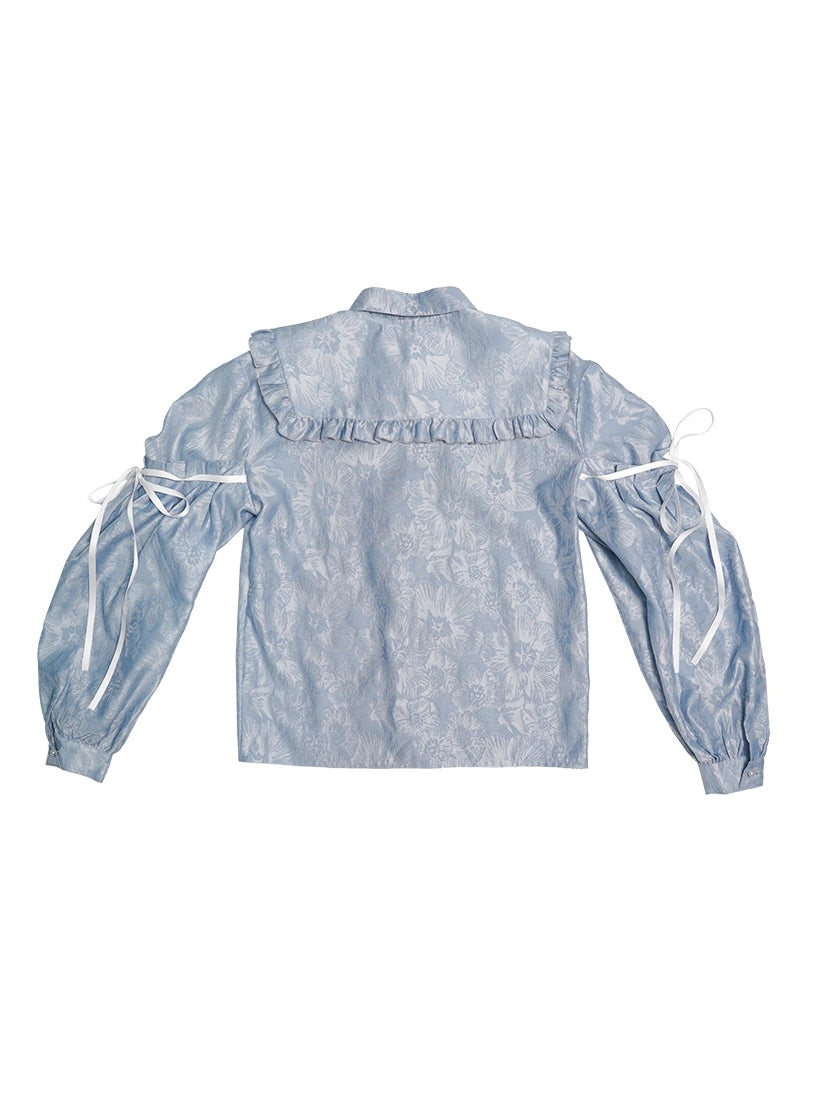 Frill Ribbon Balloon-sleeves Gloss Flower Blouse