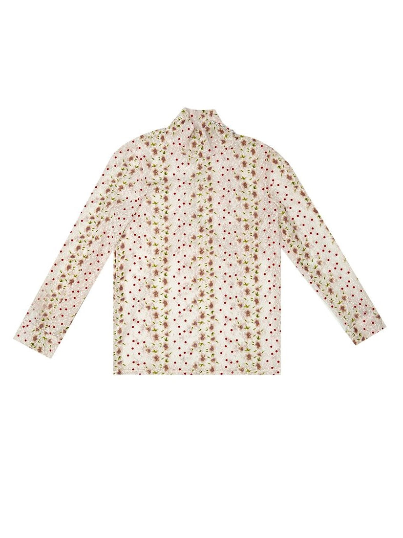 High-neck Flower Retro Crumply Blouse
