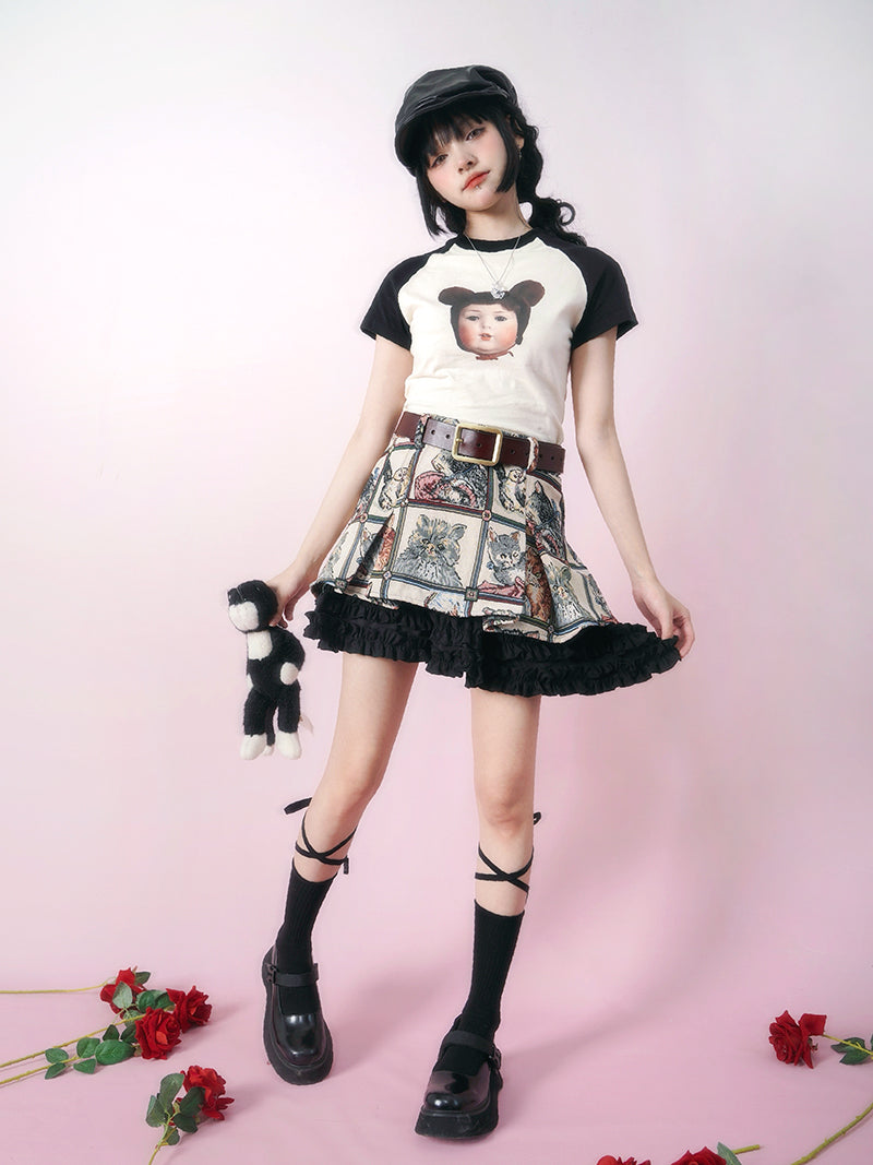 Cat Animal Retro Frill Layered Skirt