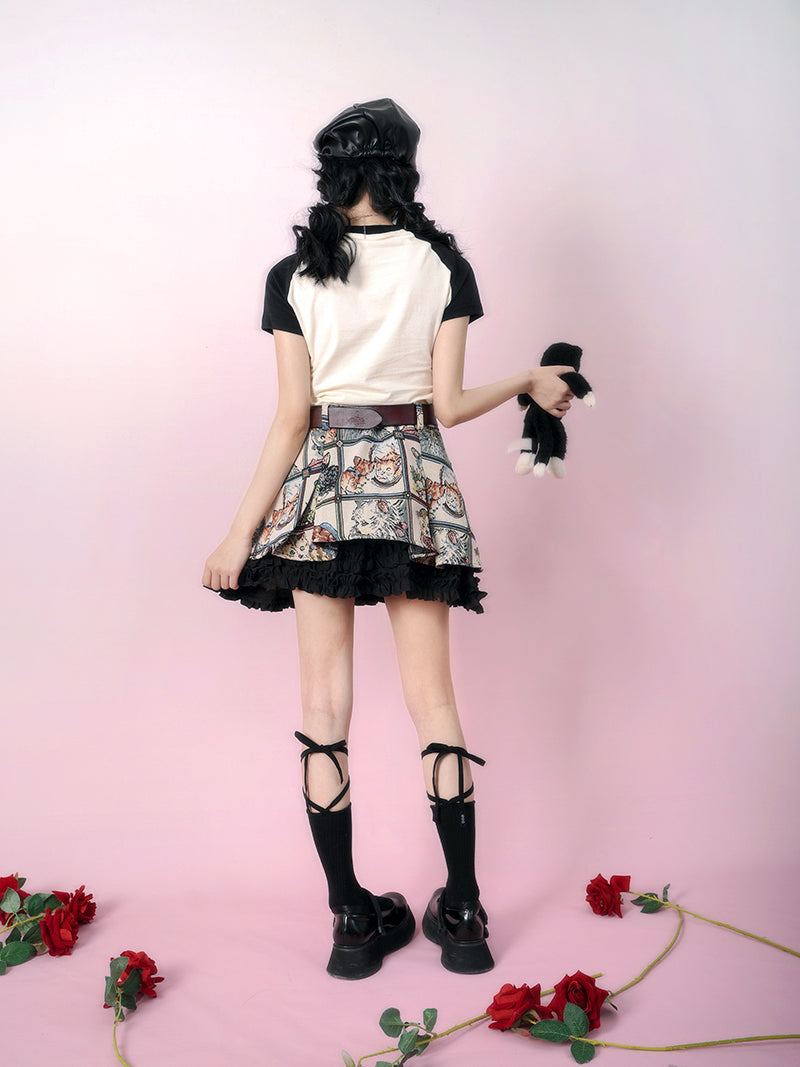Cat Animal Retro Frill Layered Skirt
