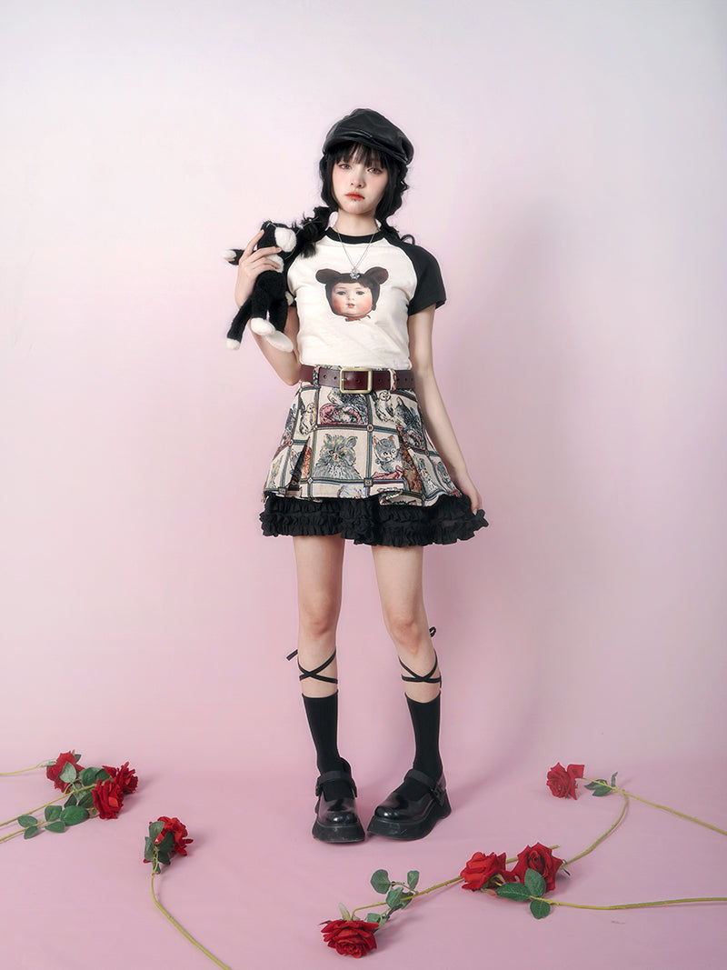 Cat Animal Retro Frill Layered Skirt