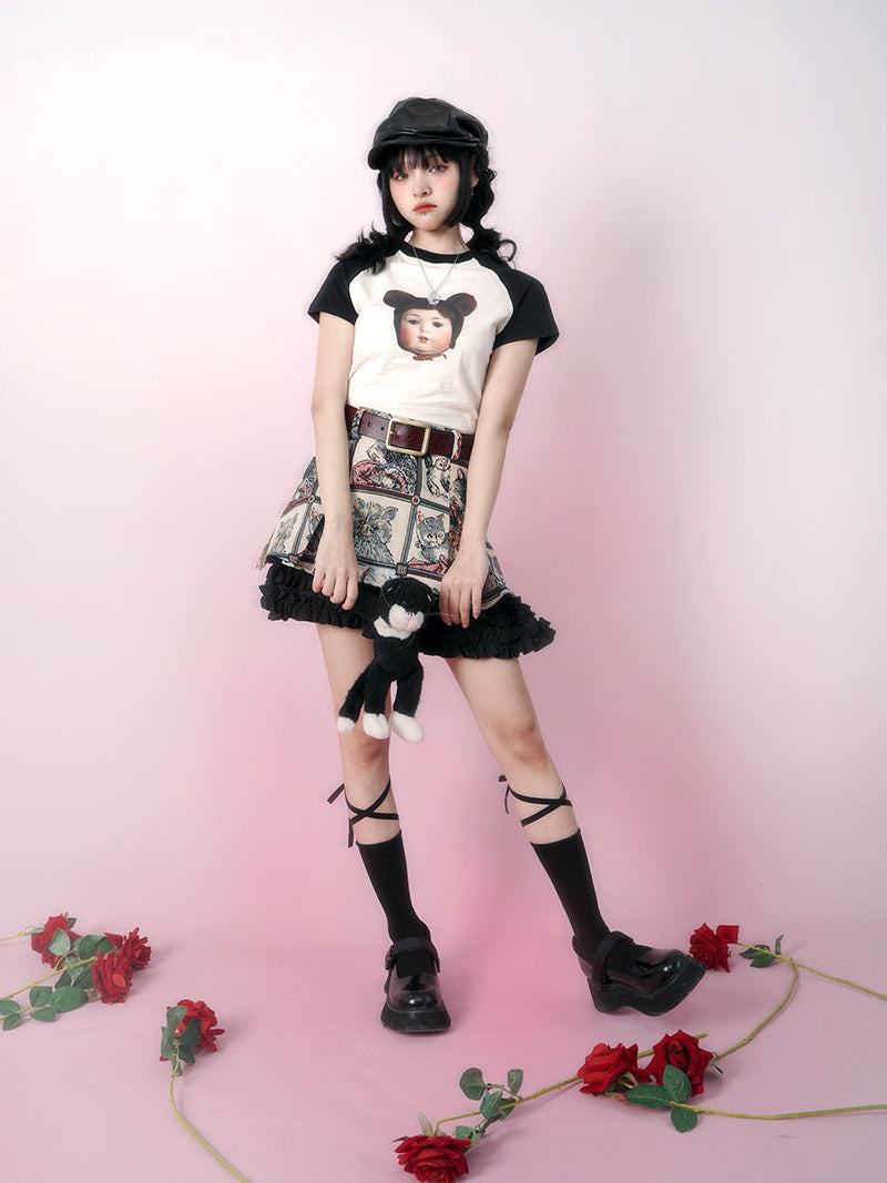 Cat Animal Retro Frill Layered Skirt